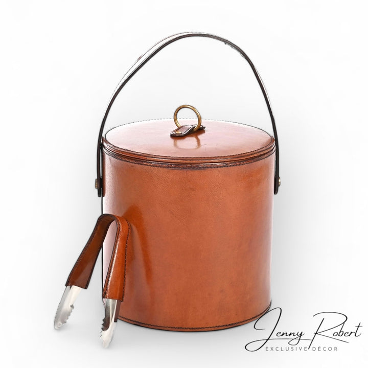 Ice Bucket with Tongs Stitched Leather & Brass