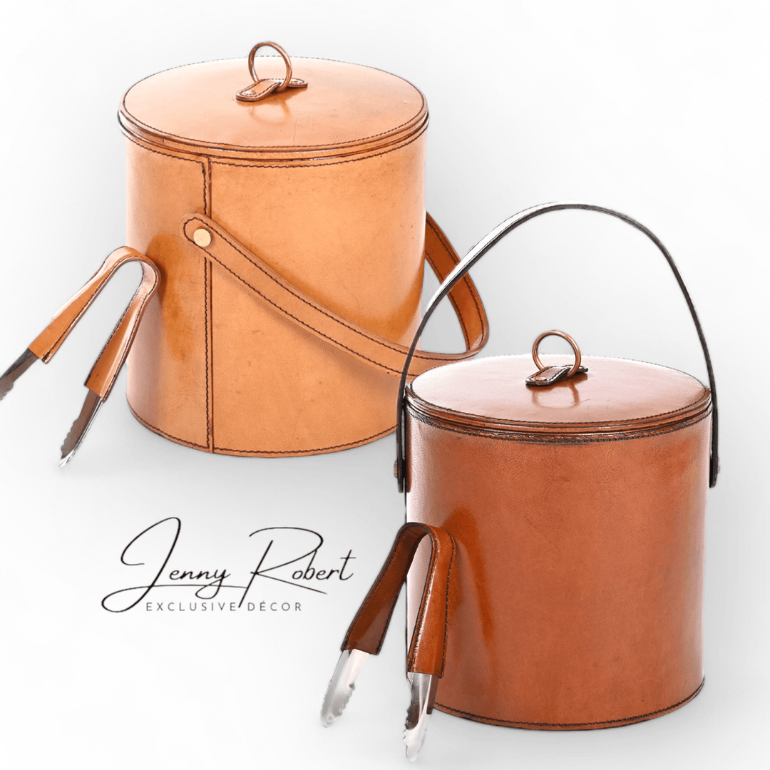 Ice Bucket with Tongs Stitched Leather & Brass