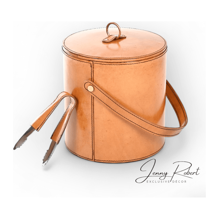 Ice Bucket with Tongs Stitched Leather & Brass